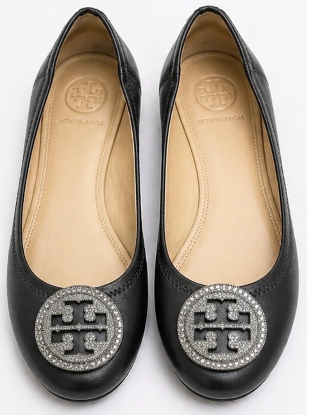 Tory Burch Liana Ballet Flat Black Size 6.5 M Embellished Pave Crystal Logo